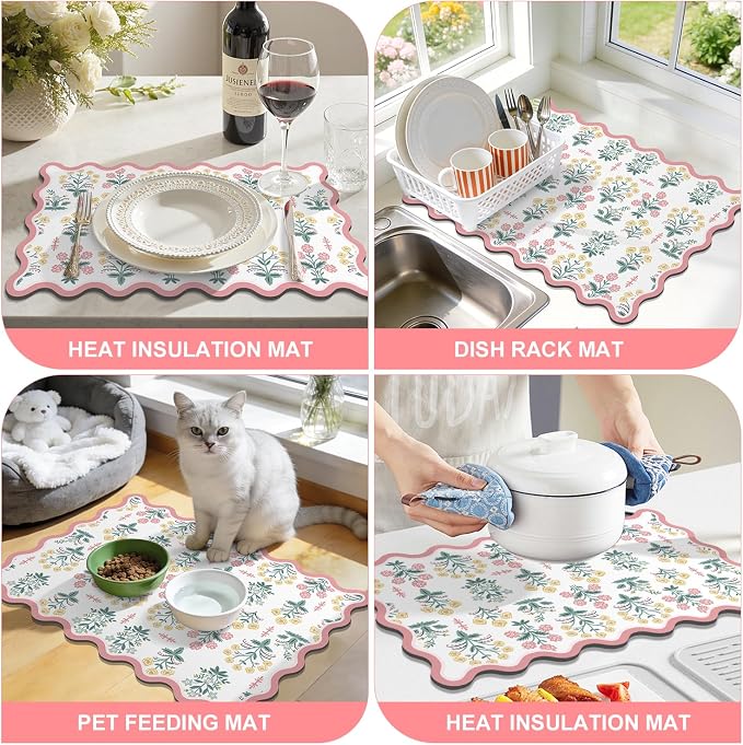 LOKHOM Scalloped Floral Dish Drying Mat, Cuttable Hide Stain Non-slip Drying Mat - Image 7