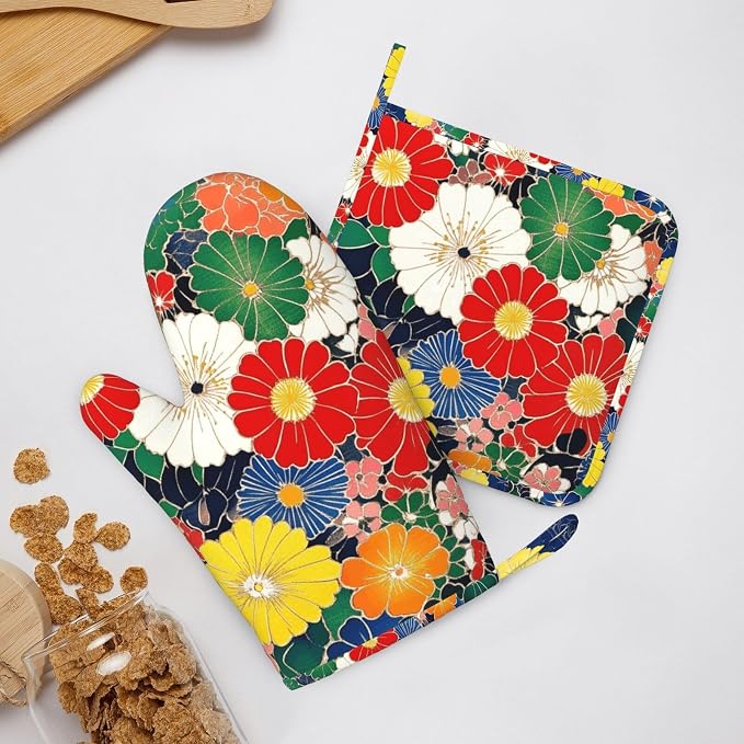 Oven Mitts and Pot Holders Flower Ethnic Art Pattern Silicone Kitchen - Image 6