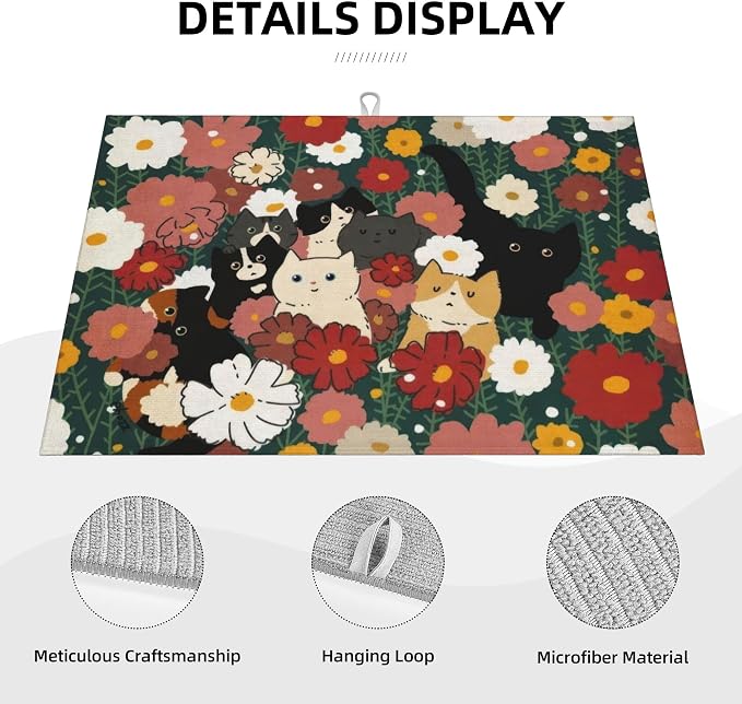 Cute Cat Flowers Dish Drying Mat 18x24 Inch, Microfiber Absorbent Fast Dry Mat - Image 3