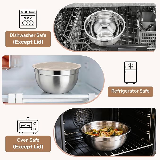 E-far Mixing Bowls With Lids Sets of 5, 10-Piece Stainless Steel Salad Metal - Image 7