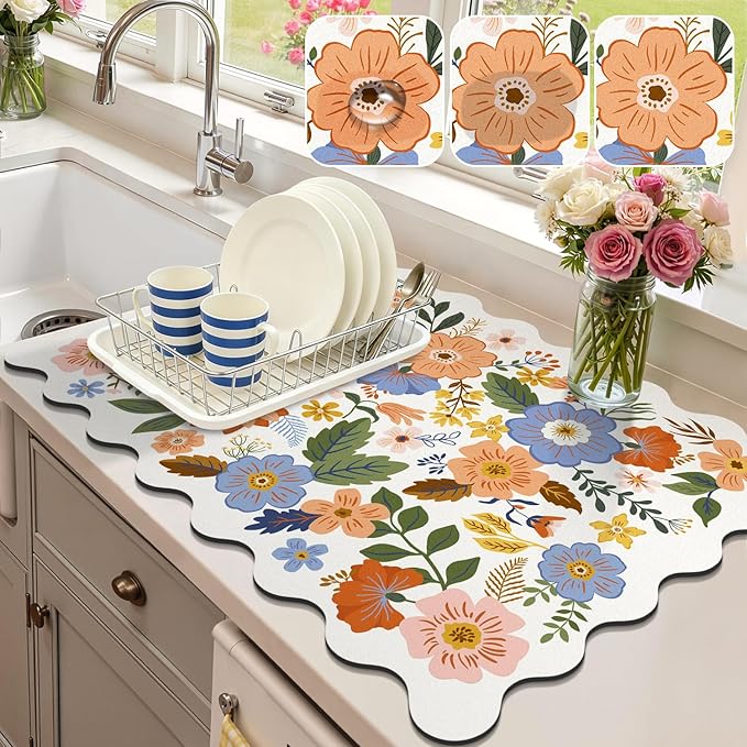 LOKHOM Scalloped Floral Dish Drying Mat, Cuttable Hide Stain Non-slip Drying Mat by LOKHOM