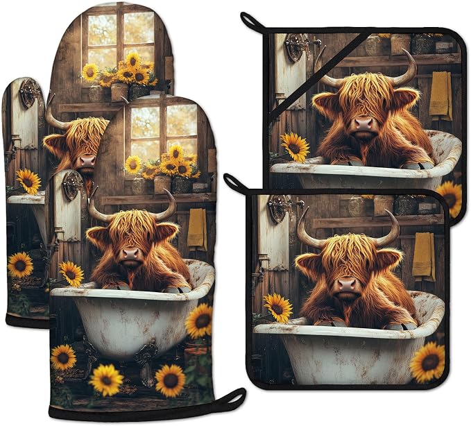 Highland Cow Sunflower Oven Mitts and Pot Holders Sets Heat Resistant 4Pcs by ANTJOO