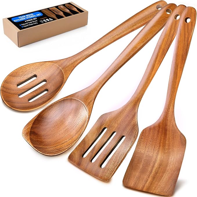 Wooden Spoons for Cooking, 4 Piece Natural Premium Teak Wooden Cooking Utensils by BodiCal