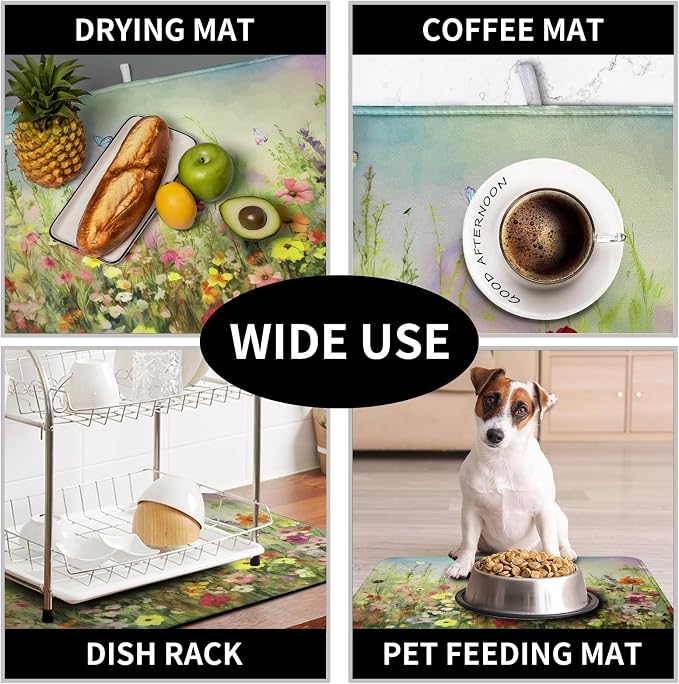 Spring Floral Dish Drying Mat for Kitchen Counter 18x24 Inch Sage Green Wild - Image 7