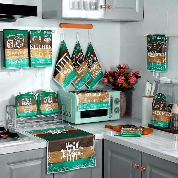 12 Pcs Farmhouse Kitchen Decor Sets 4 Teal Green Kitchen Towels 4 Teal - Image 7