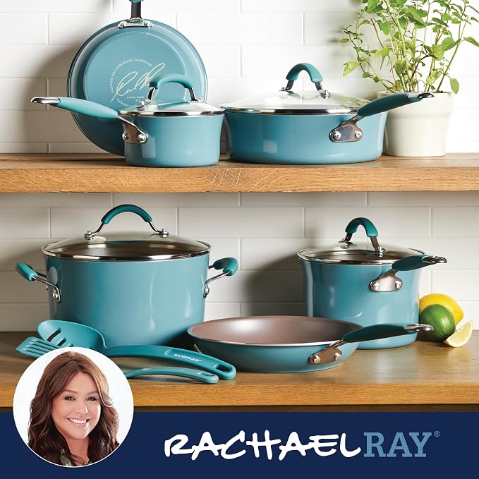 Rachael Ray Cucina Nonstick Cookware Pots and Pans Set, 12 Piece, Agave Blue - Image 6