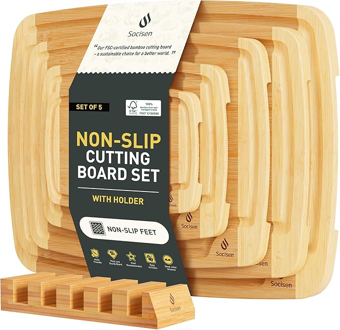 Bamboo Cutting Board Set Non Slip Feet by Socisen