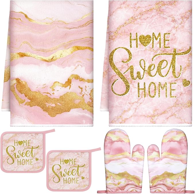 Bencailor Light Pink 6 Pcs Marble Kitchen Decor Gold Pot Holders Oven Mitts 2 by Bencailor