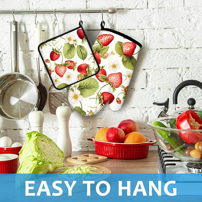 Red Strawberry Flower Oven Mitts and Pot Holders Sets Heat Resistant 4Pcs - Image 4