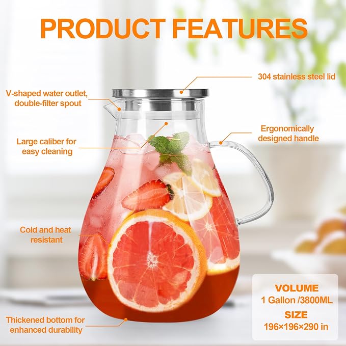 1 Gallon Glass Pitcher with Lid and Handle, Hot & Cold Water Jug, Extra-Wide - Image 2
