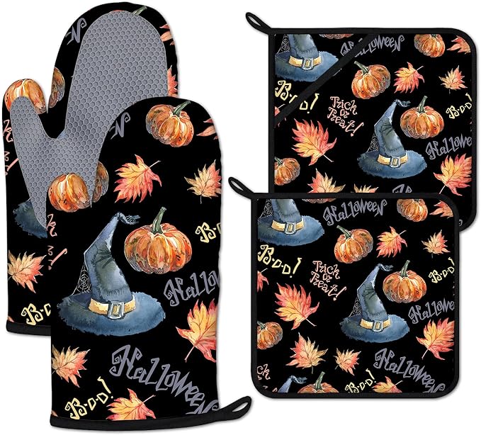 Halloween Pumpkin Autumn Maple Leave Oven Mitts and Pot Holders Sets Heat by ANTJOO