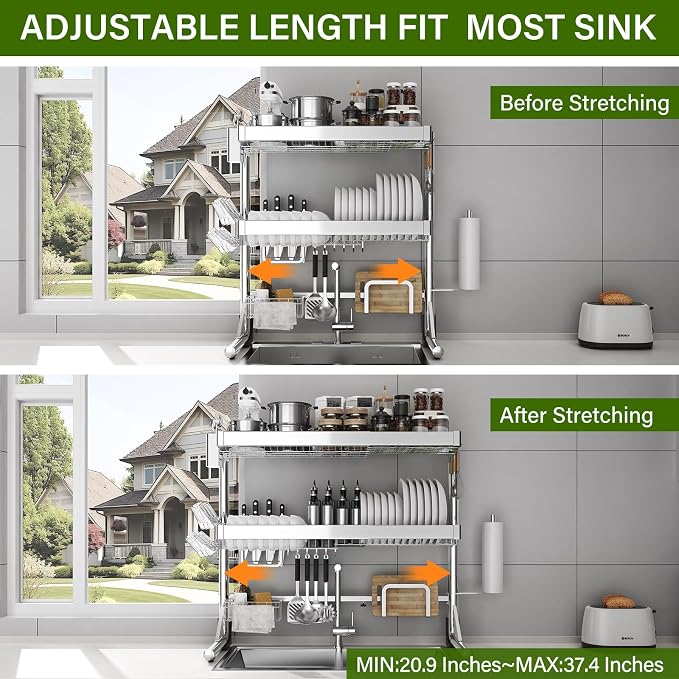 Over The Sink Dish Drainer Drying Rack 3 Tier, Full Stainless Steel Dish Drying - Image 3