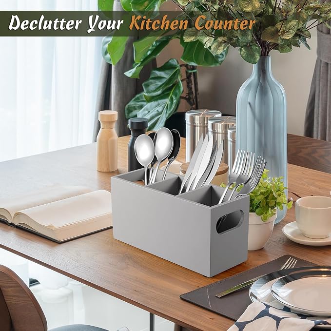 DRASTAR Wooden Silverware Caddy, Flatware Cutlery Holder, Kitchen Utensil Holder - Image 5
