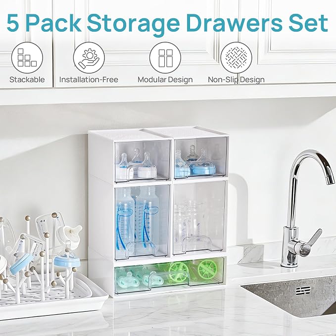 Vtopmart Stackable Storage Drawers Set of 5, Plastic Organizer Bins - Image 4