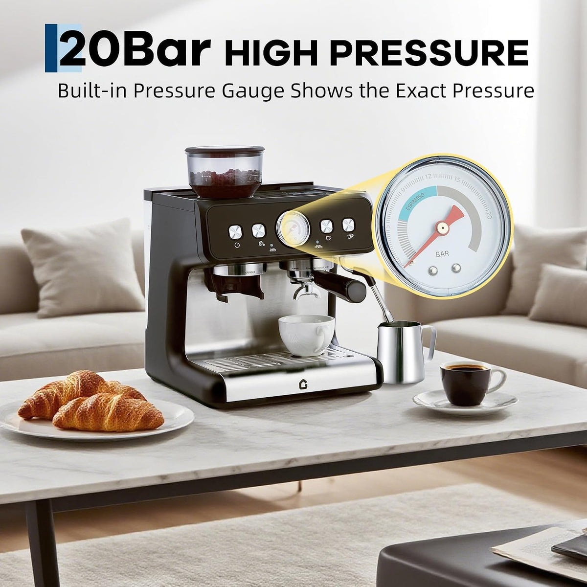 20 Bar Machine with Built-in Grinder, 1400W Steam Frother, 30 Grind
