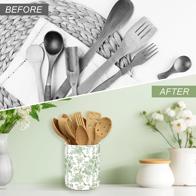 JarThenaAMCS Green Floral Ceramic Utensil Holder Vintage Flower Butterfly - Image 4