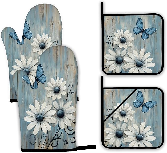Blue Butterfly Oven Mitts and Pot Holders, Vintage Daisy Wooden Heat Resistant by Unknown