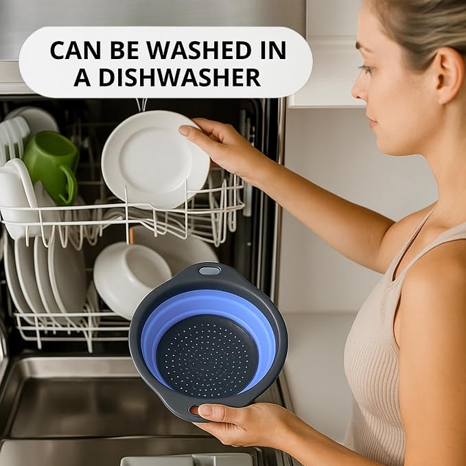 Blue Round Silicone Collapsible Colander – Silicone Round Kitchen Strainers - Image 5