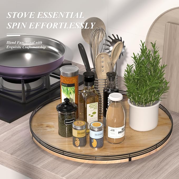 24" Lazy Susan Oak Wood Turntable Organizer - Image 2
