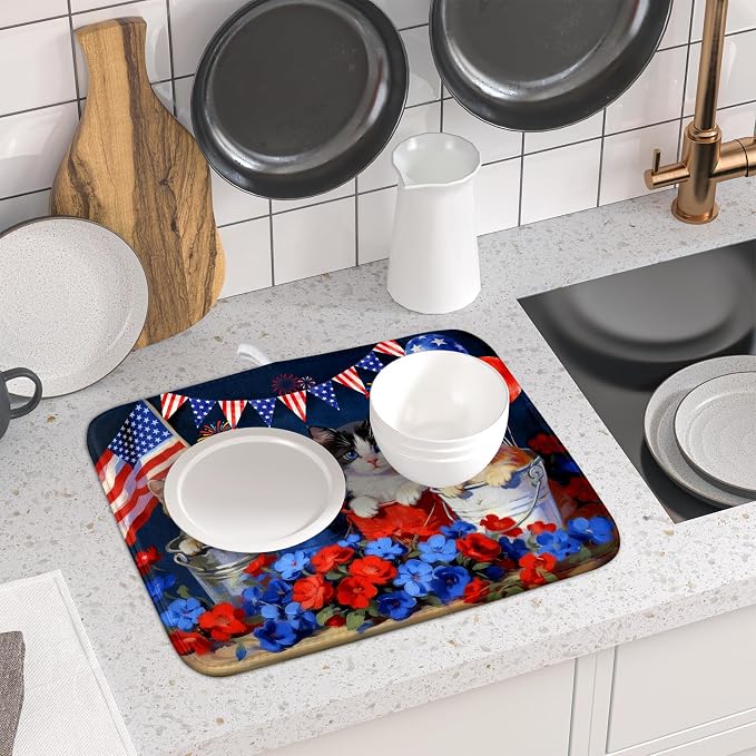 4th of July Dish Drying Mat Patriotic Cats Dish Drying Rack Mat - Image 6