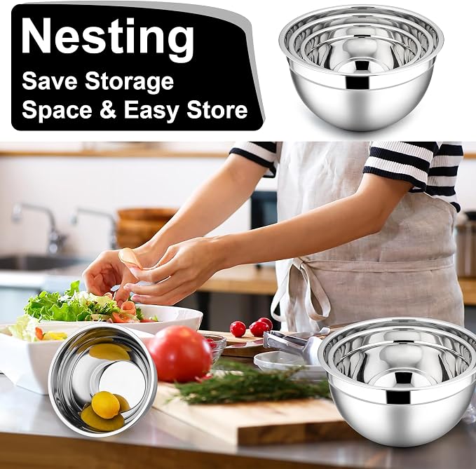 E-far Mixing Bowls with Lids, 6-Piece Stainless Steel Salad Bowls Metal Nesting - Image 5