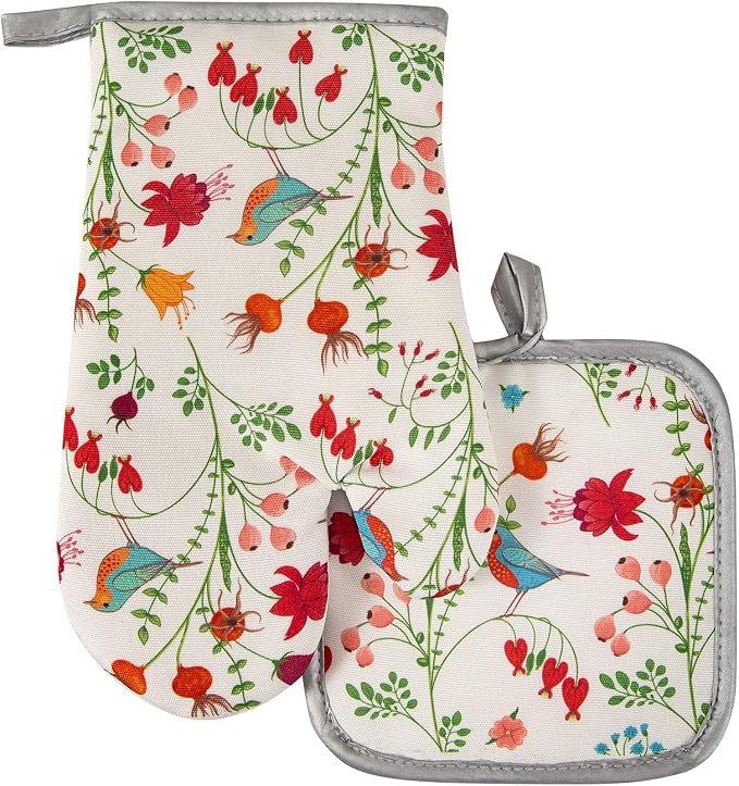 Kitchen Oven Mitts and Pot Holders Sets, Flower Bird Print Oven Gloves and by Qchengsan