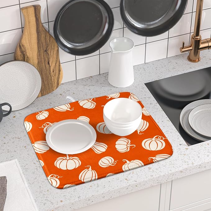 Fall Dish Drying Mat for Kitchen Counter Autumn White Pumpkins Festival - Image 6