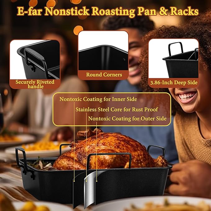 E-far Roasting Pan with Racks, Large Stainless Steel Turkey Roaster with - Image 3
