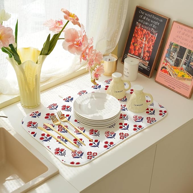 Red Blue Dish Drying Mat 18x24 Inch Vintage Boho Block Print Floral Drying Mat - Image 7