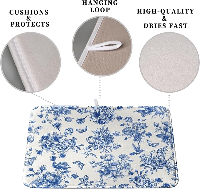 Dish Drying Mat for Kitchen Counter Blue and White Floral Drying Mats - Image 3