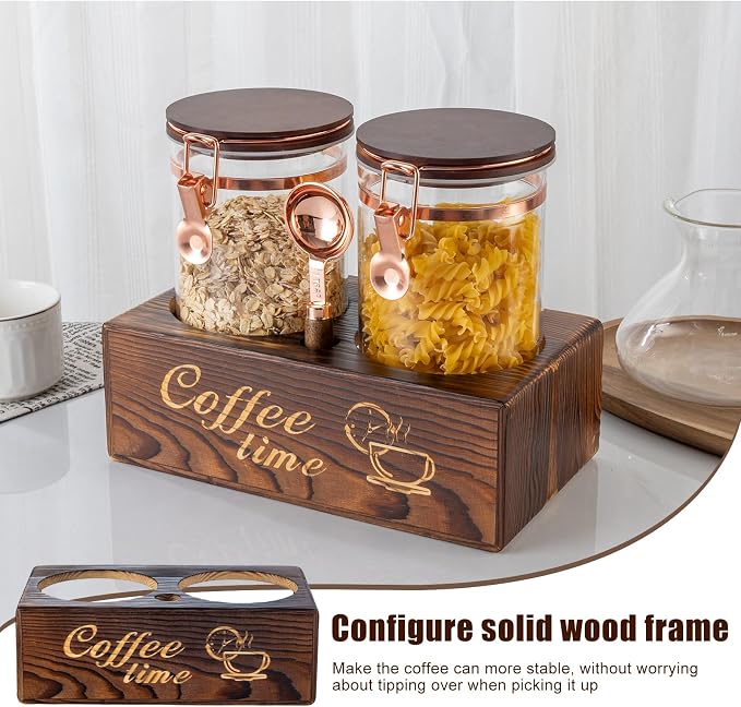 Glass Coffee Canister Set with Torched Wood Shelf, 2 Pack 45oz Airtight Storage - Image 6