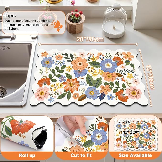 LOKHOM Scalloped Floral Dish Drying Mat, Cuttable Hide Stain Non-slip Drying Mat - Image 2