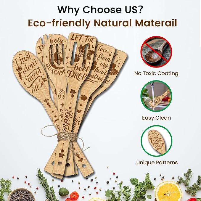 CUTHOLLOW 6PCS Vegetables Wooden Kitchen Cooking Utensil Set, 11.9in Non Toxic - Image 3