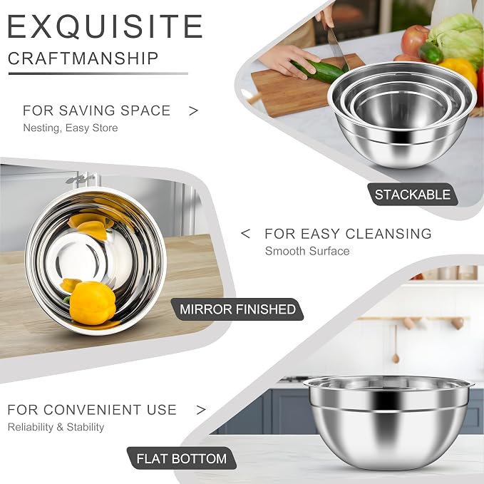 HaWare Mixing Bowls with Airtight Lids, 6-Piece Stainless Steel Salad Bowls - Image 4