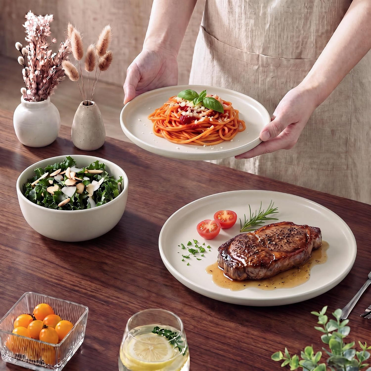 24 Piece Stoneware Dinnerware Sets, Ceramic Plates & Bowls Set for 8