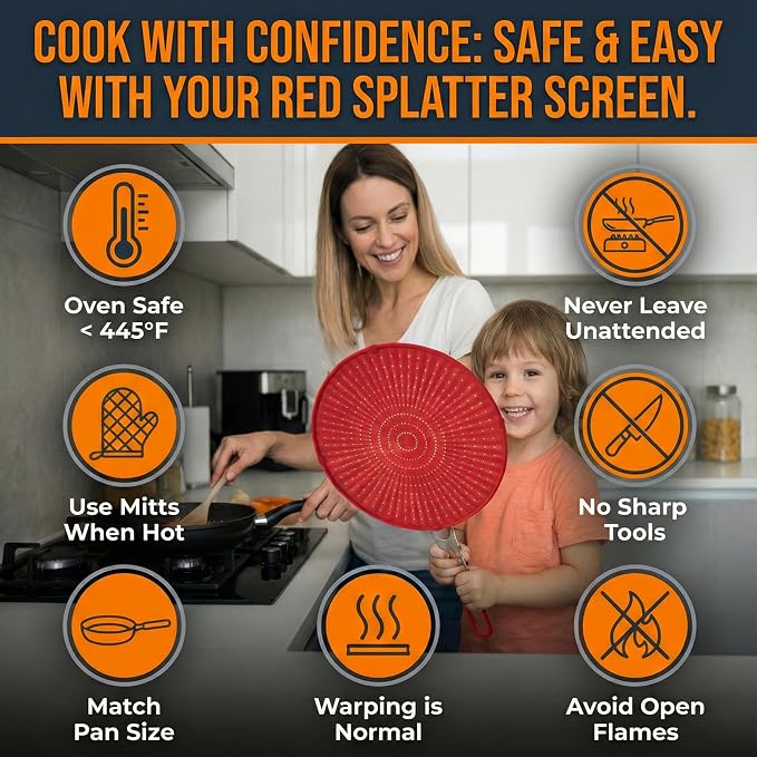Silicone Splatter Screen for Frying Pan, 13” Red – Grease & Oil Splatter Guard - Image 7