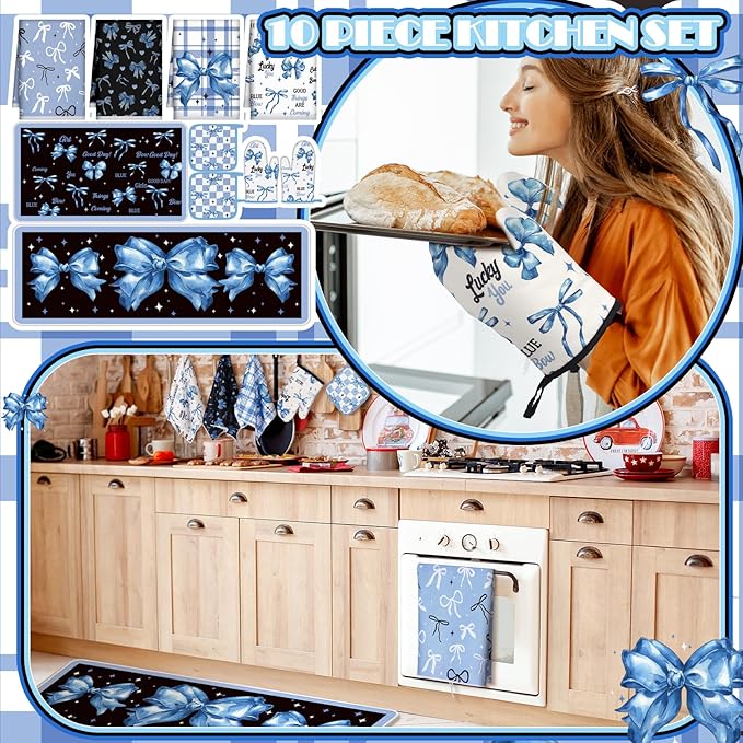 Fourluoo 10 Pcs Blue Bow Kitchen Decor Set Dish Towels Kitchen Rugs Oven Mitts - Image 2