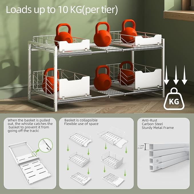 NETEL NETELAdjustable Under Sink Organizers and Storage, 2 Tier Expandable Pull - Image 5
