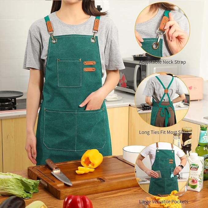 Tosewever Canvas Cross Back Chef Cotton Aprons - Image 4