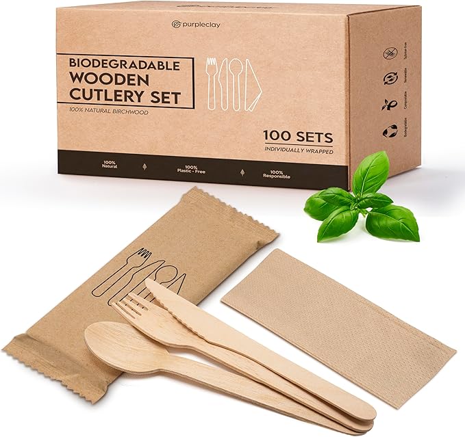 PURPLECLAY Wooden Disposable Utensils Set, 300 Pieces | Wrapped Utensils and by Purpleclay