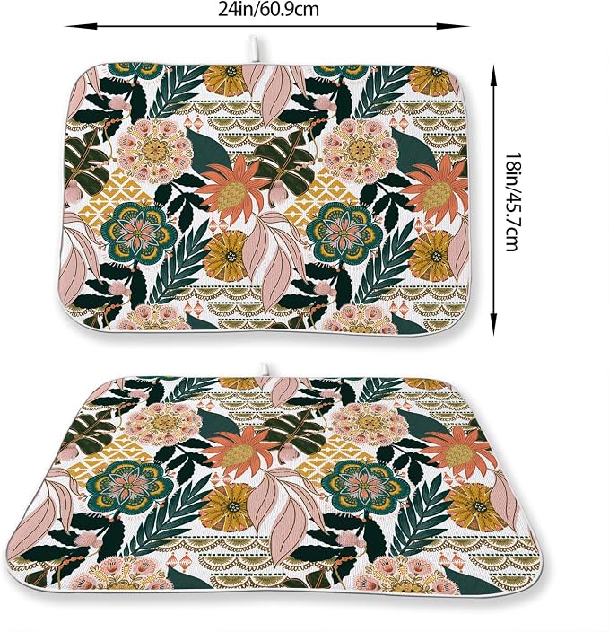 Boho Dish Drying Mat 18 x 24 Inch Pink Green Floral Drying Mat - Image 4