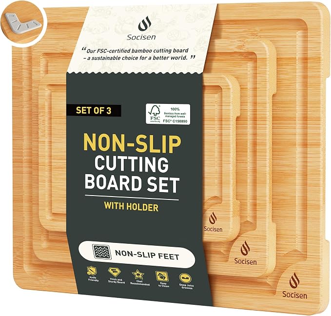 Bamboo Cutting Board Set Non Slip Feet by Socisen