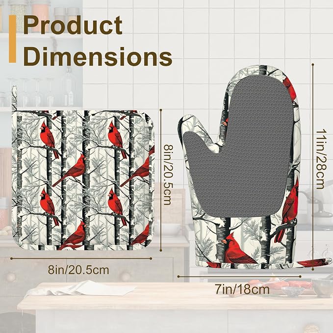 Red Cardinal Birds Oven Mitts and Pot Holders Set of 4, Kitchen Glove Heat - Image 2