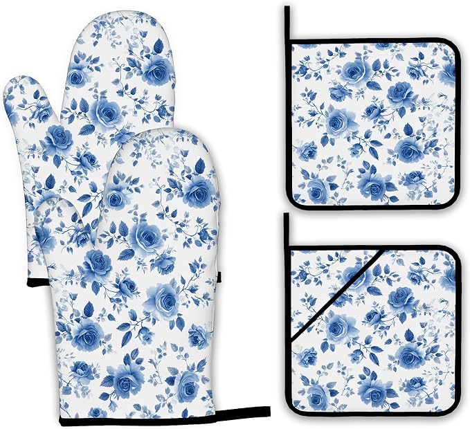 Vintage Blue Rose Oven Mitts and Pot Holders, Heat Resistant Oven Mitts Gloves by Unknown