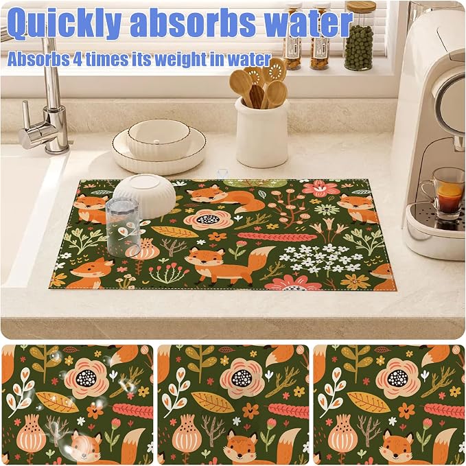 Cute Fox Dish Drying Mat for Kitchen Counter Animals Drying Pad Absorbent - Image 4