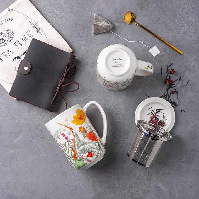 AmorArc Porcelain Tea Mug with Infuser and Lids, 18 Oz Large Cup Strainer with - Image 6