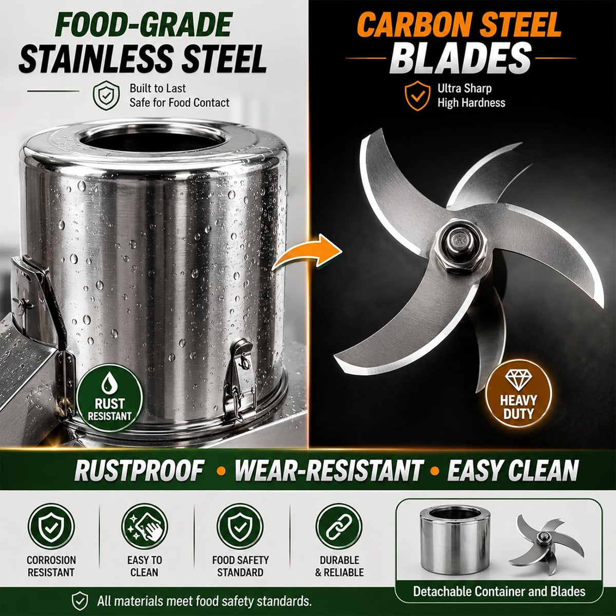 Stainless steel container and removable blades
