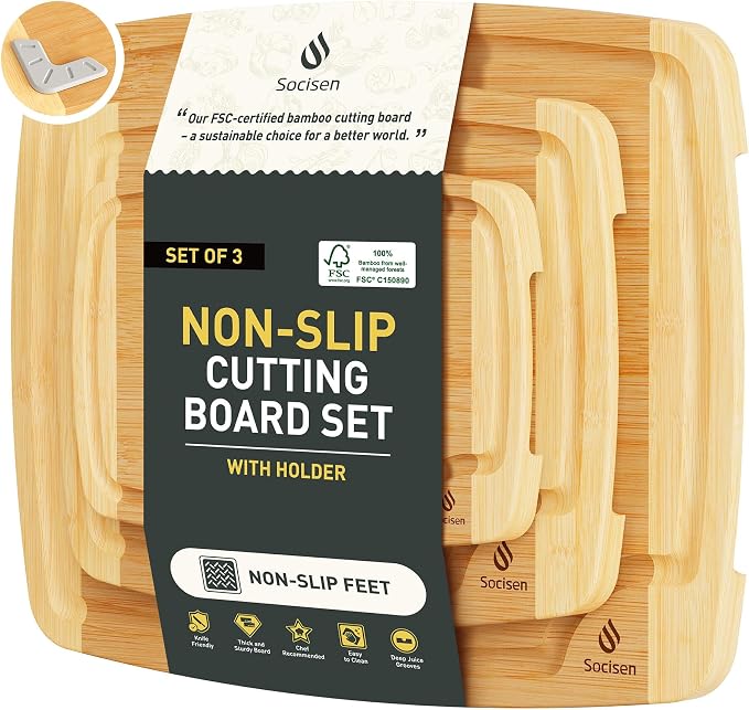 3 packs Bamboo Cutting Board Set Non Slip Feet Over Sink by Socisen