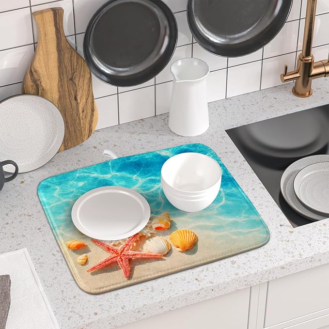 Giwawa Coastal Starfish Dish Drying Mat 16"x18" Ocean Blue Sea Coral Seashell - Image 6