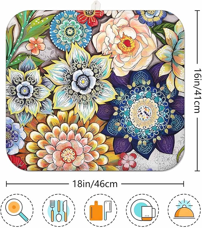Boho Drying Mat 16" X 18" Boho Flower Kitchen Counter Stone Large Dish Drying - Image 6